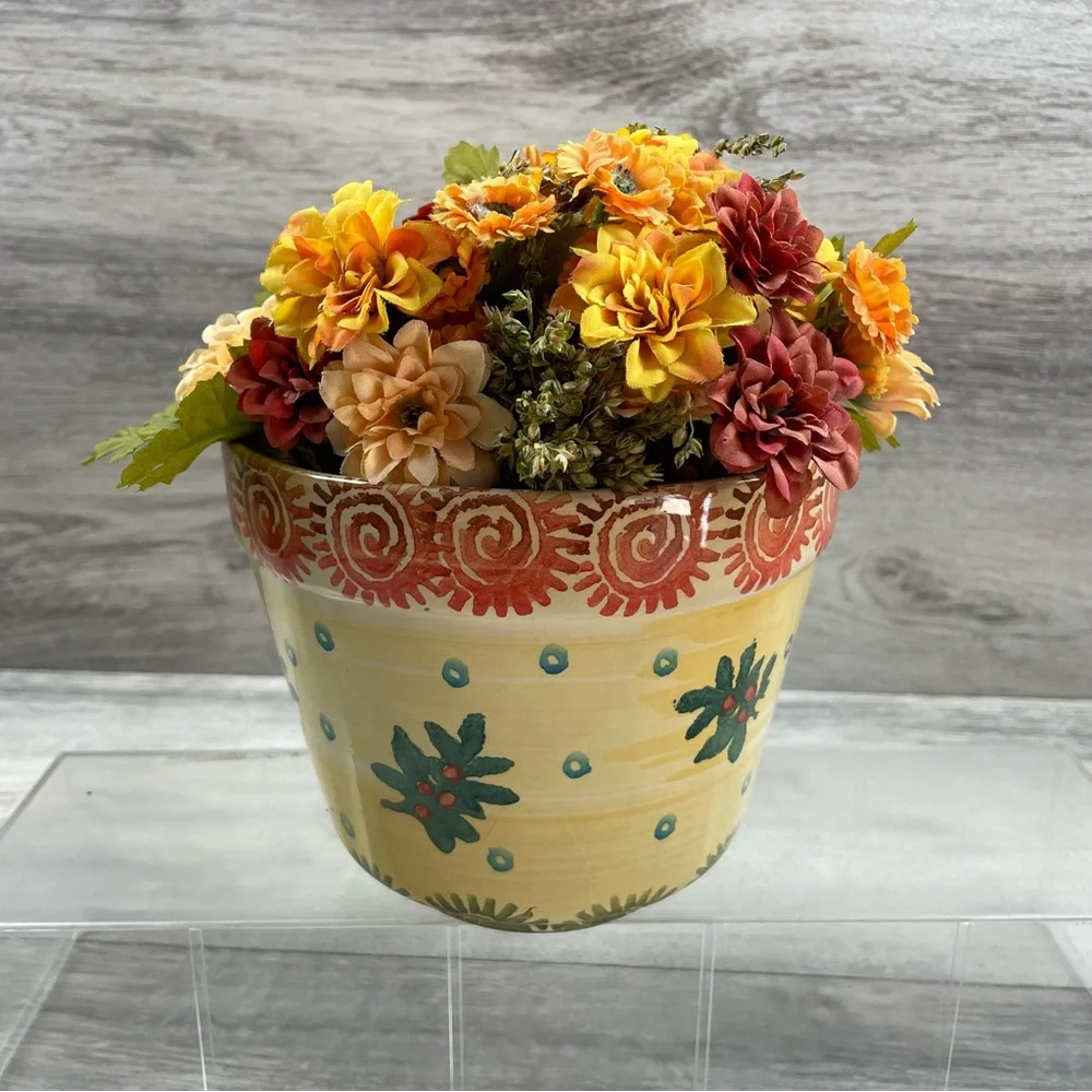 Flower Pot With Faux Flower Arrangement Made In Italy Hand Painted